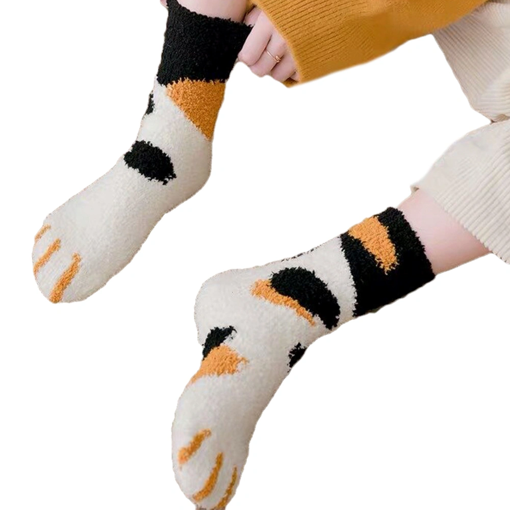 Ladies Stockings Coral Fleece Hose Home Warm Cat Claw Wave Point Striped Socks