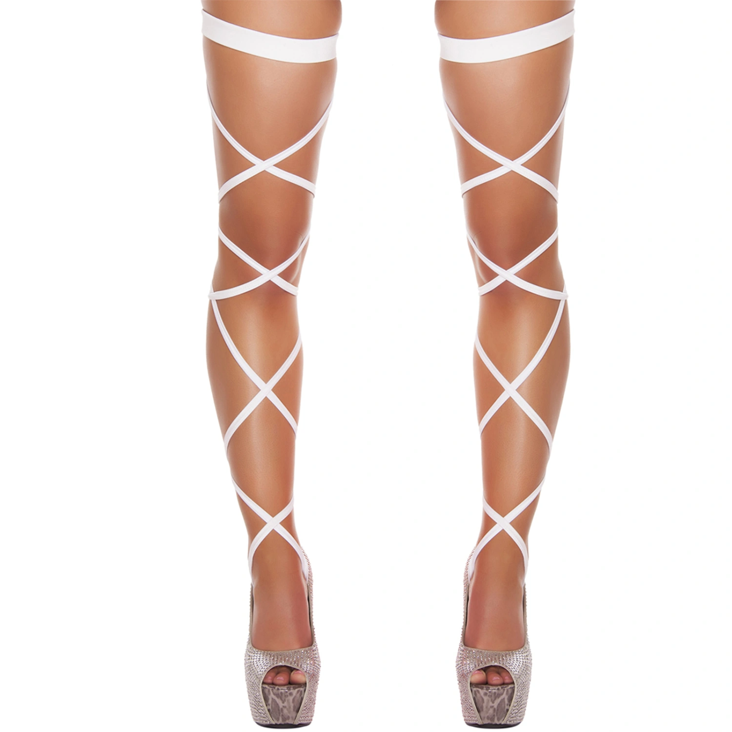 Women Fishnet Stockings, Solid Color Cross Straps Hollow Out Thigh Highs Socks