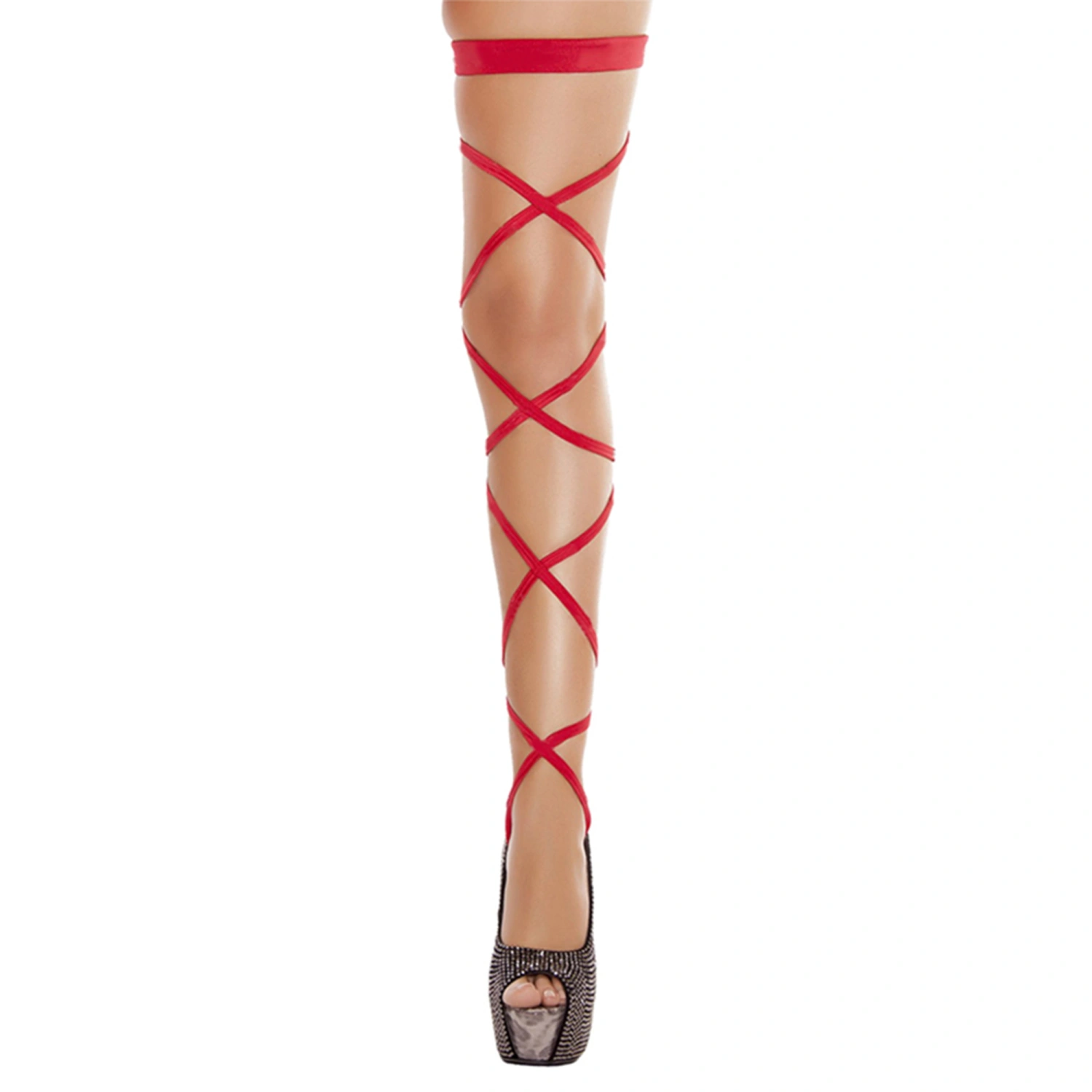 Women Fishnet Stockings, Solid Color Cross Straps Hollow Out Thigh Highs Socks
