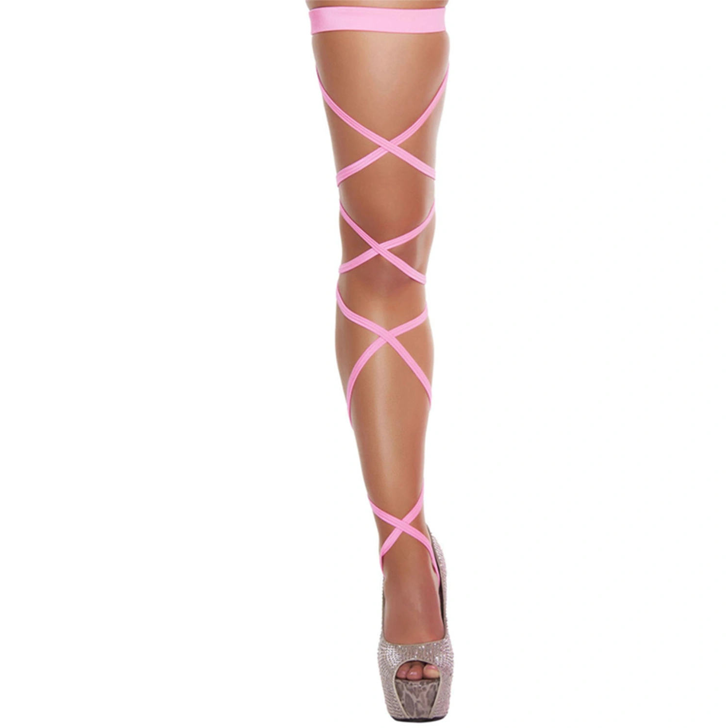 Women Fishnet Stockings, Solid Color Cross Straps Hollow Out Thigh Highs Socks