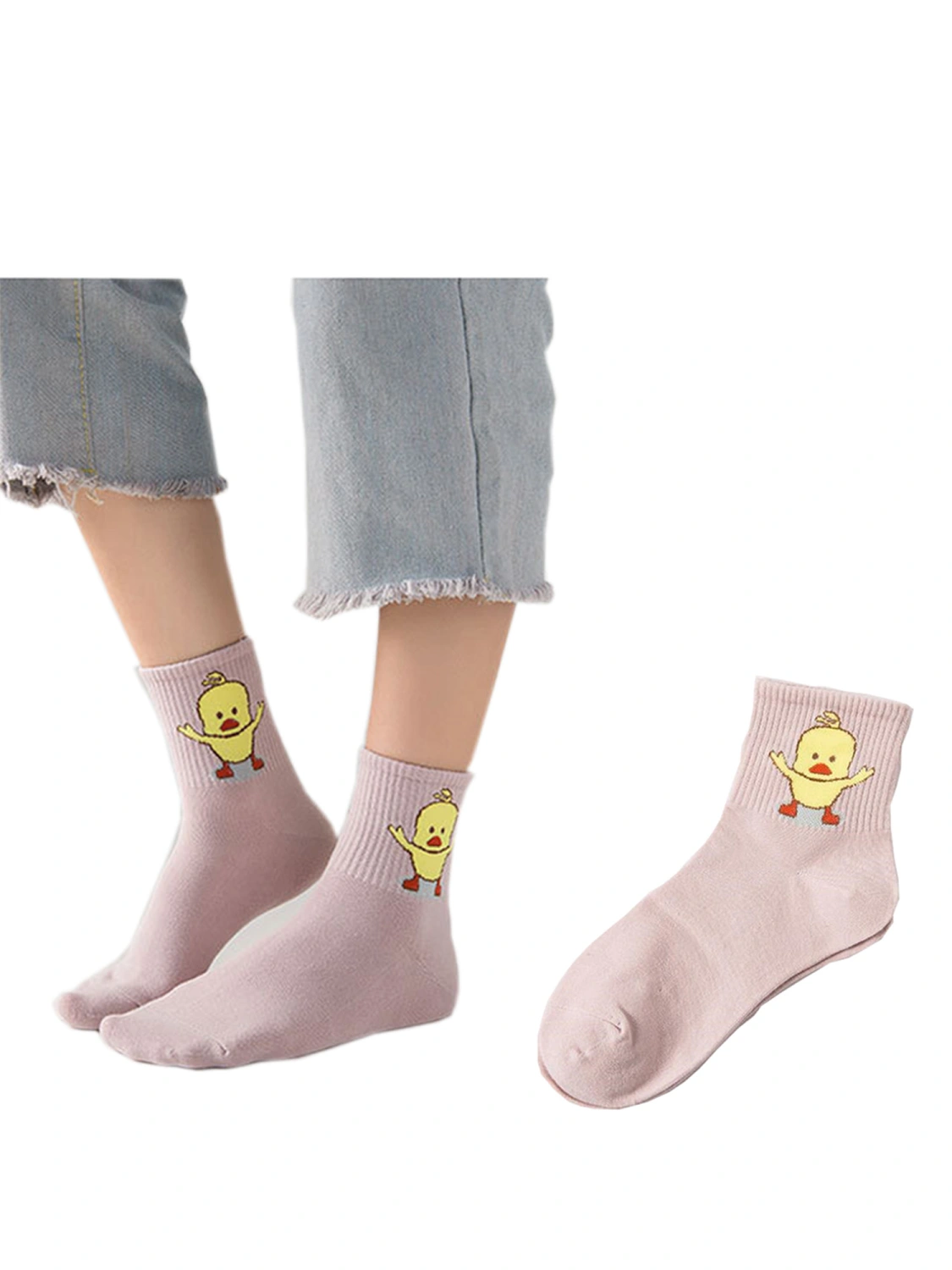 Women Girls Medium Tube Socks Cartoon Embroidered Duck Print Socks
