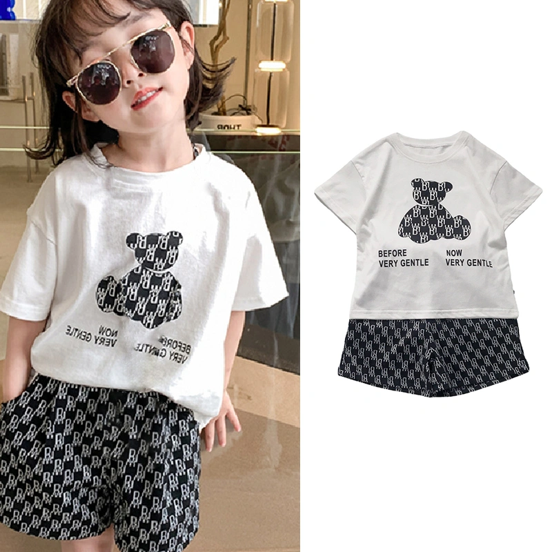 Girl’s Cartoon Bear Short Sleeve T-shirt and Letter Shorts Set