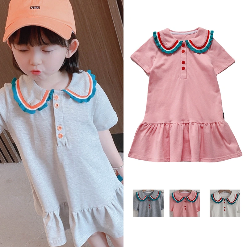 Little Girl’s Contrast Color Doll Collar Short Sleeve A-line Dress