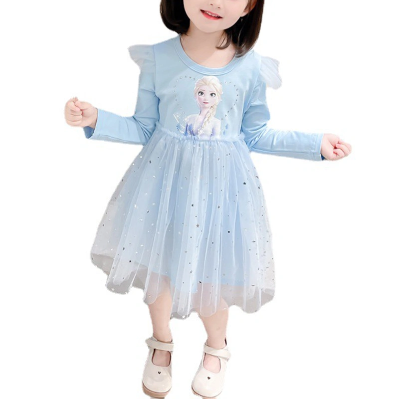 Kid Girl Long Sleeve Dress, Cartoon Characters Print Star Decor Dress