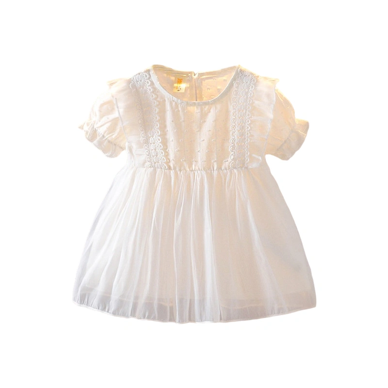 Kids Girl Short Sleeve Dress with Lace Flowers, Mesh Clothing