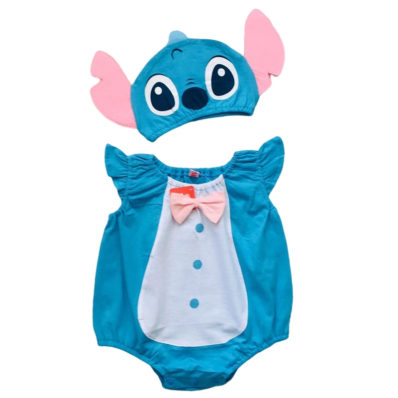 Infant Romper with Cap, O-Neck Flying Sleeve Cartoon Bodysuit