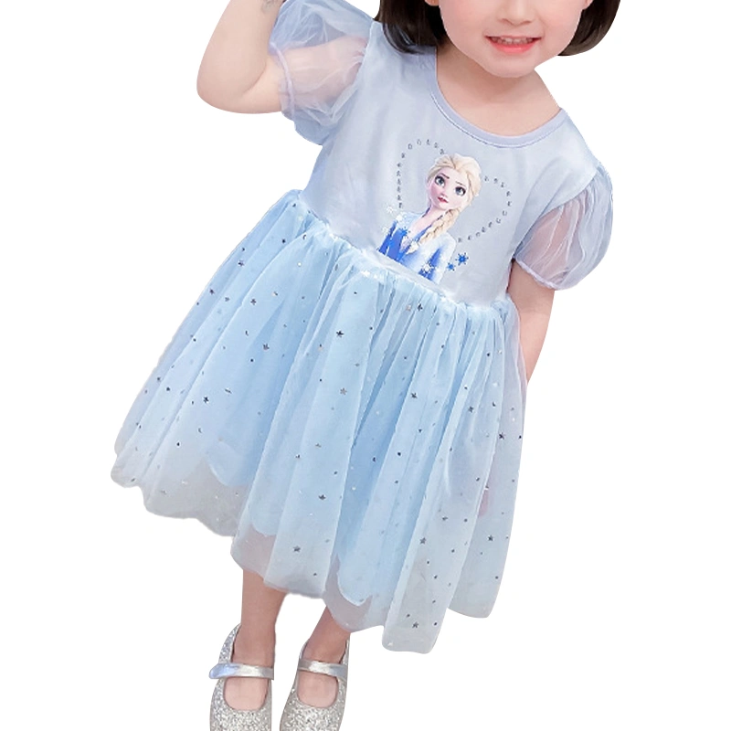 Girls' Dress Cartoon Princess Print Sequined Mesh Stitching Dress 