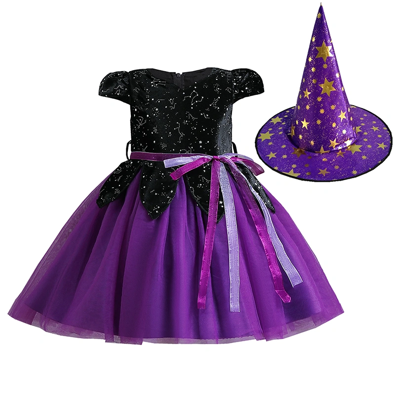 Girls Cosplay Dress Rhinestone Stars MeshHalloween Dress + Witch Hat