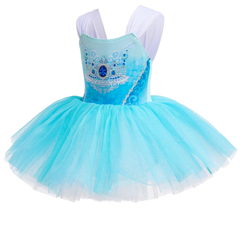 Girls Princess Leotards, Sleeveless Tiara Print Tutu Ballerina Dress