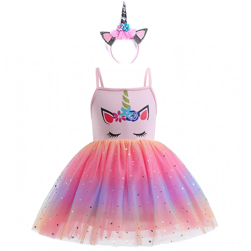 Kids Baby Girls Party Dress Sequined Rainbow Mesh Gowns and Headband