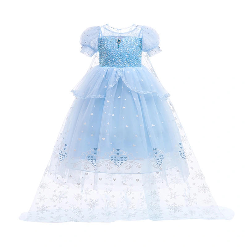 Kids Girl Short Puff Sleeve Dress + Shawl, Mesh Sequin Costume