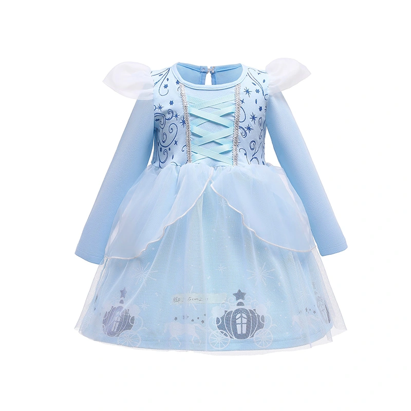 Girls Long Sleeve O Neck Pattern Print Tulle Patchwork Frozen Dress