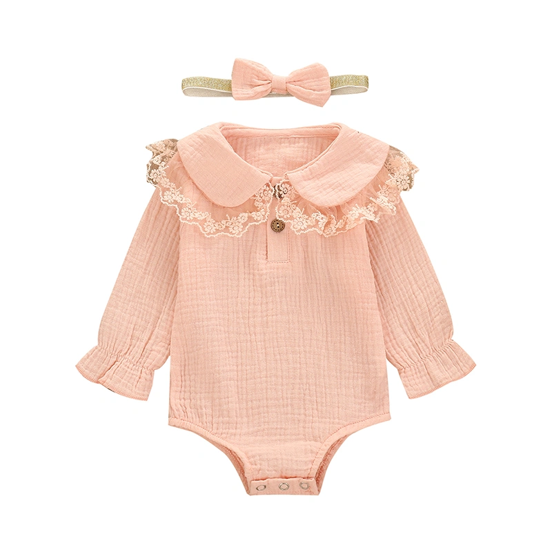 Baby Girls Long Sleeve Doll Collar Lace Romper + Bow Headband