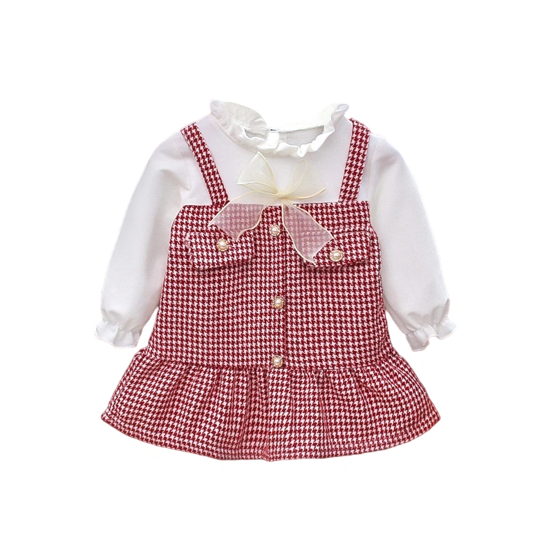 Girls Spring Fall Dress, Long Sleeve Bow Front Patchwork A-line Dress