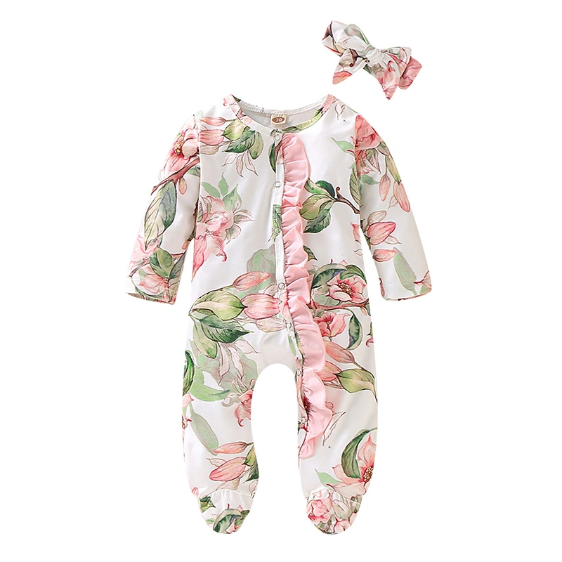 Infant Girls Footies Romper Floral Print Frills Long Sleeve Jumpsuits