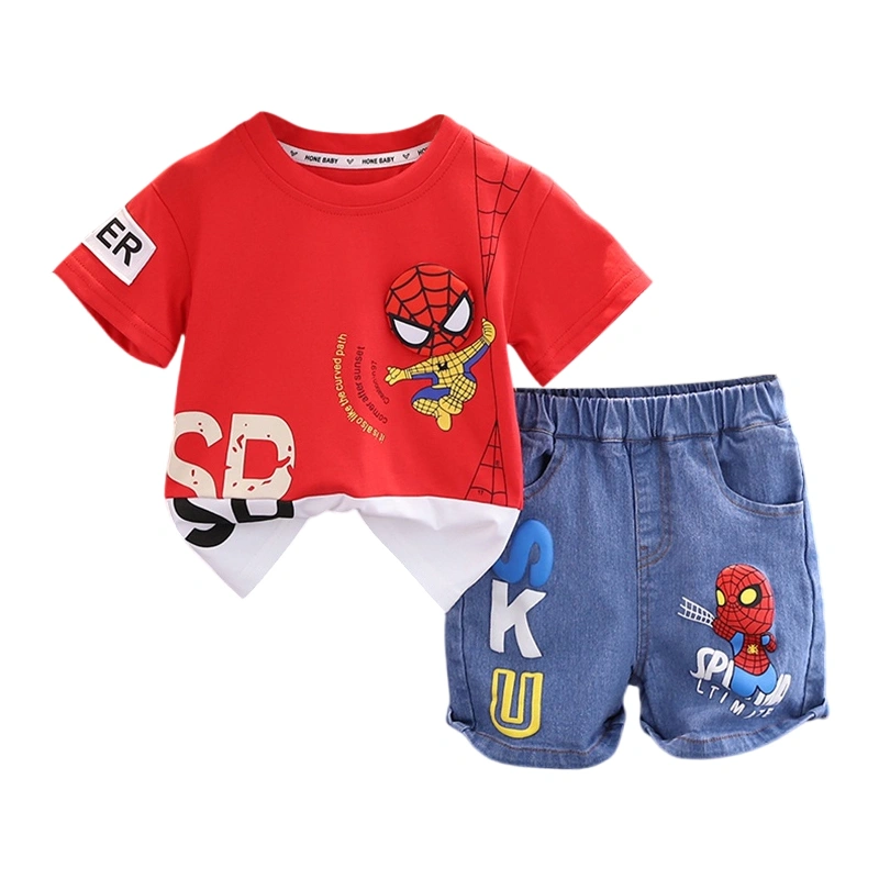 Boys 2 Piece Outfits Cartoon Spider Print T-Shirt and Denim Shorts 