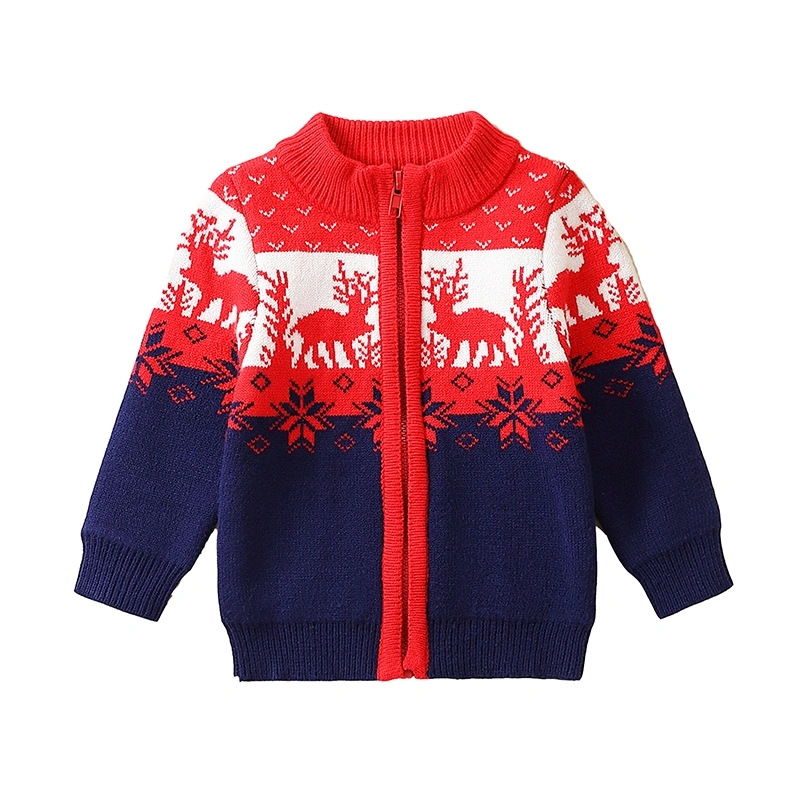 Boys Christmas Long Sleeve Elk Print Zipper Closure Knitwear Outerwear