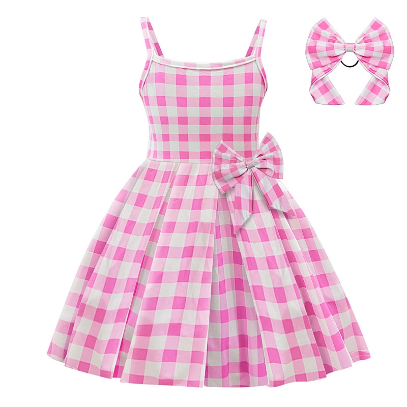 Girl Barbie Dress, Plaid Print Sleeveless Dress with Bow Headband