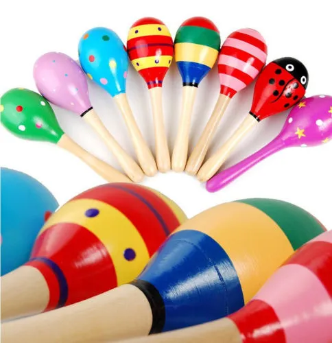 Newborn Baby Wooden Maracas Colorful Cartoon Print Rattle Shaker Toy