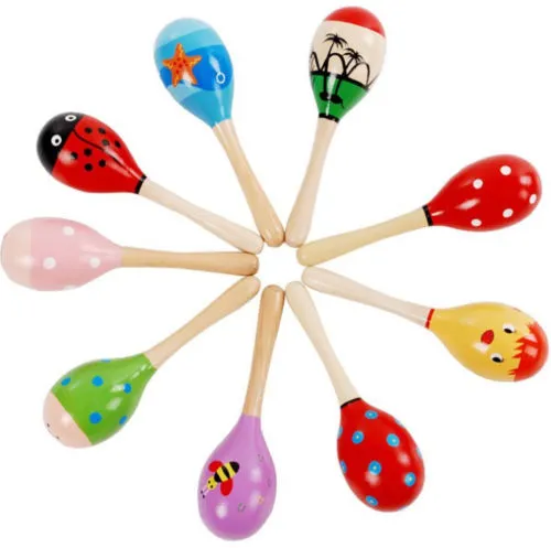 Newborn Baby Wooden Maracas Colorful Cartoon Print Rattle Shaker Toy