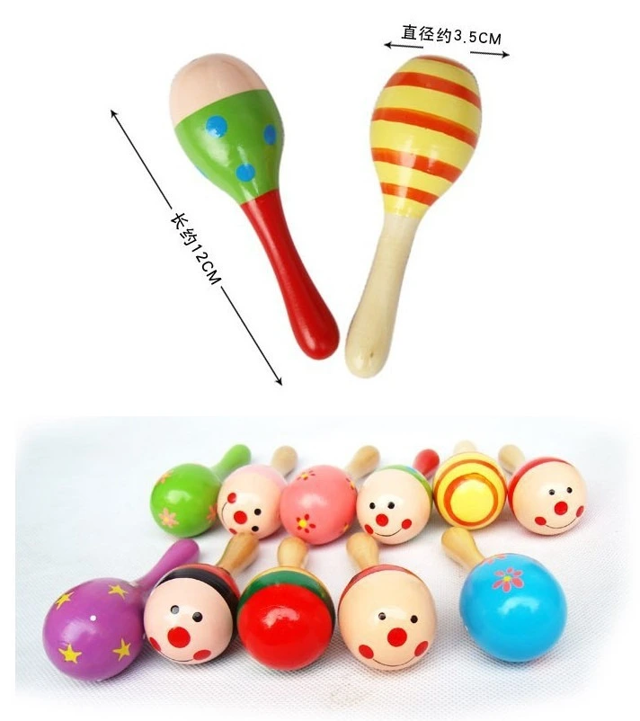 Newborn Baby Wooden Maracas Colorful Cartoon Print Rattle Shaker Toy