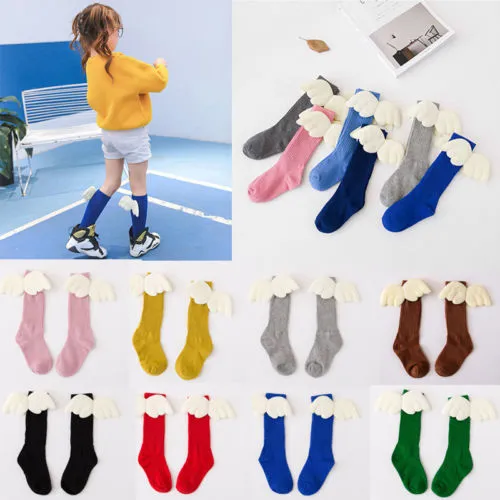 Little Girls Long Socks, Cute Back Top Wing Soft Stockings, Knee High Socks