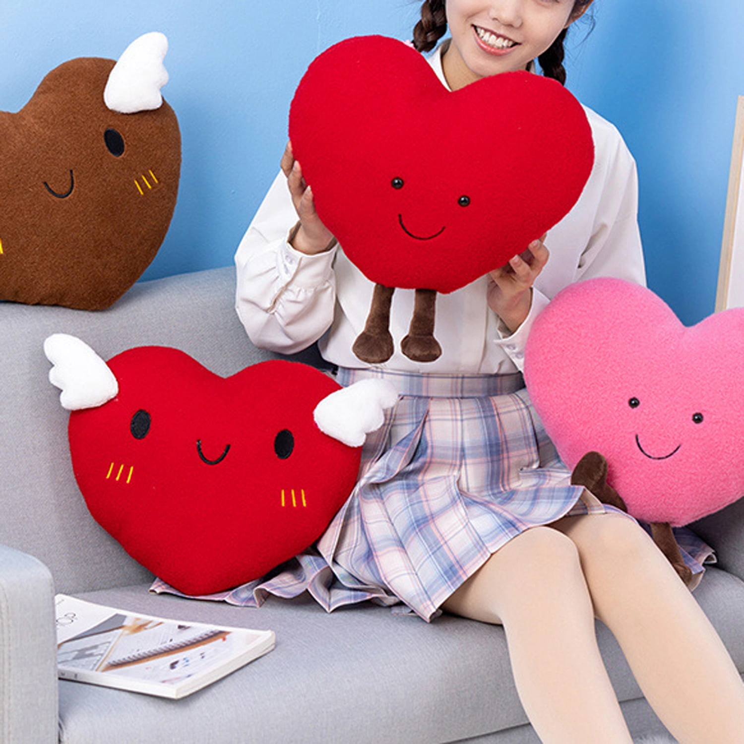 Heart Throw Pillow, Super Soft Cartoon Cushion with Angel Wings/Feet