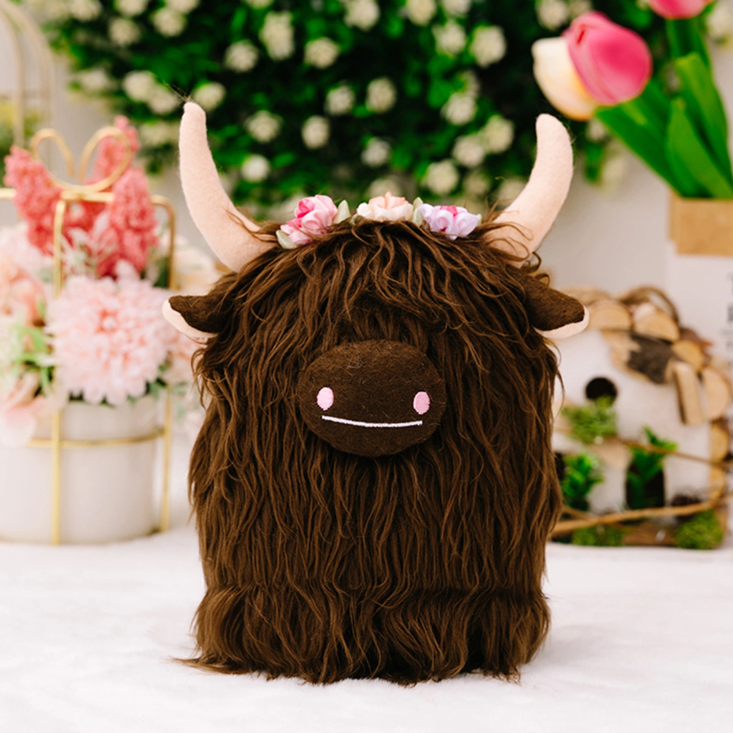 Highland Cow Stuffed Animals Fluffy Cow Plush Toys Gnome with Flowers