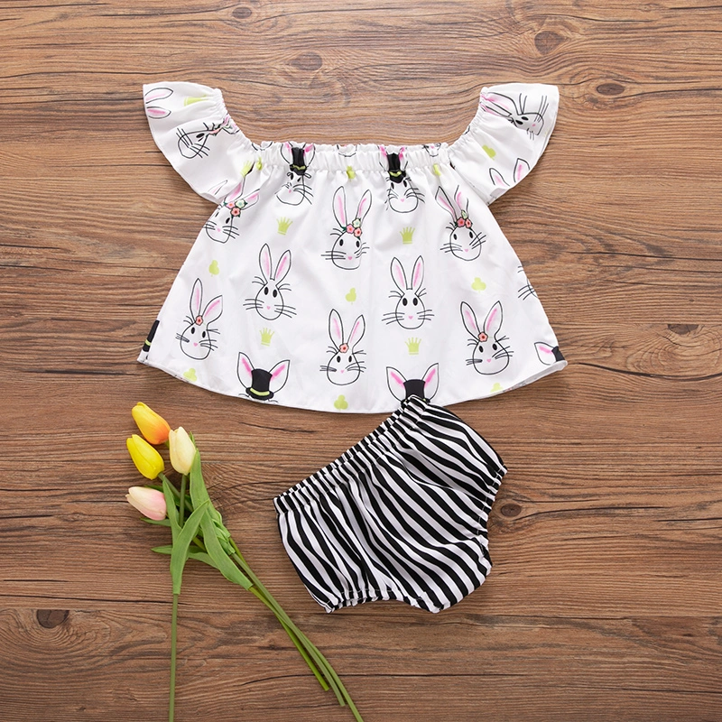 Children's Two Piece Set Off Shoulder Top Striped Tail Shorts for Kids