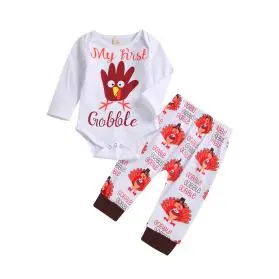 Baby’s Cartoon Turkey Print Long Sleeve Jumpsuit and Long Pants