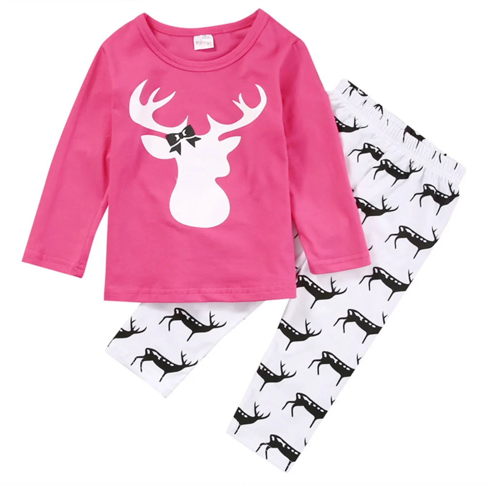 Baby Girl Elk Print Long Sleeve Round Neck T-shirt + Trousers