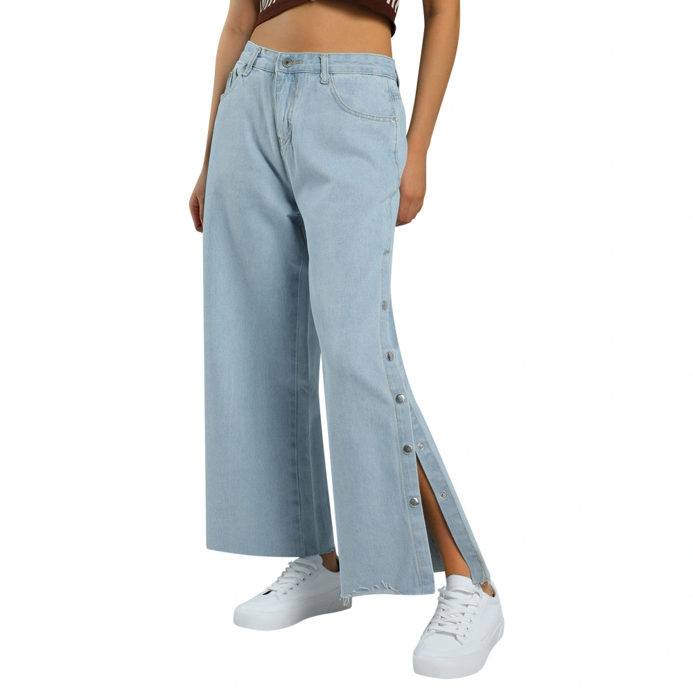 Women Side Split Short Jeans, Solid Color High Waist Denim Trousers