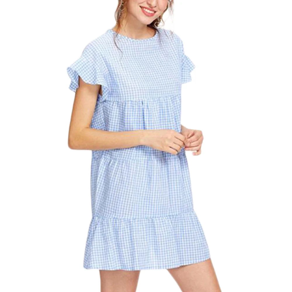 Female Short Dress, Plaid Round Neck Short Sleeve Ruffled One-Piece