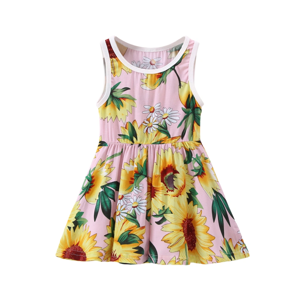 Girl Sunflower Print Dress, Sleeveless Elastic Waist A-line Sundress