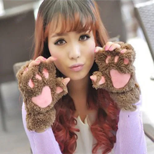 Ladies Half Finger Mittens Stylish Thick Leisure Cat Paw Warm Gloves