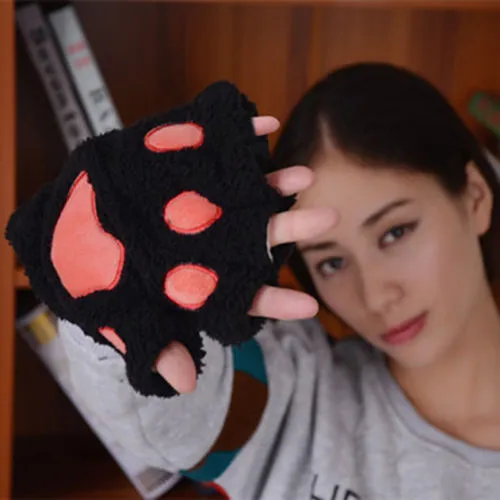 Ladies Half Finger Mittens Stylish Thick Leisure Cat Paw Warm Gloves