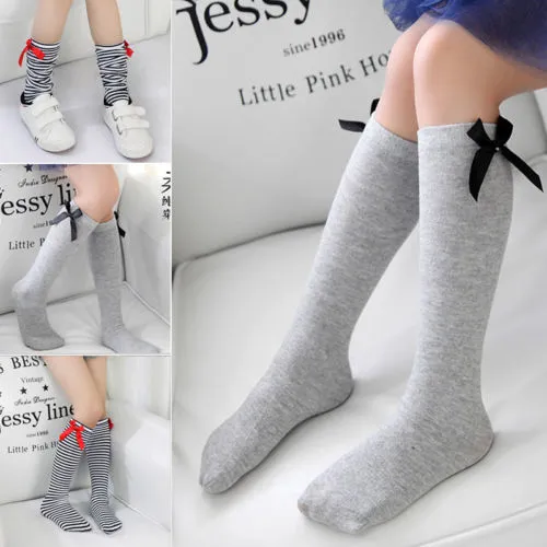 Girls Socks Bowknot Decorated Solid Color Striped Design Knitted Stockings