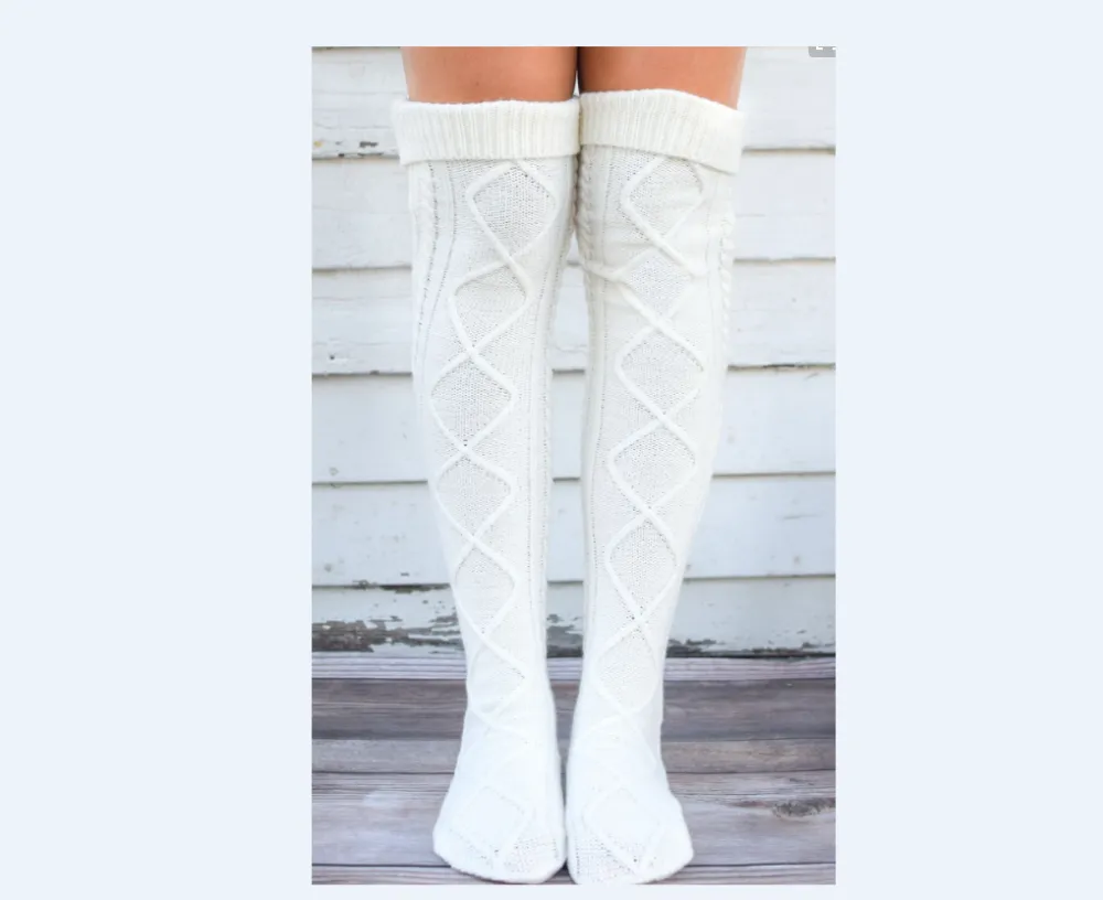 Women Winter Knitted Stocking Diamond Lattice Thigh High Cable Crochet Leggings