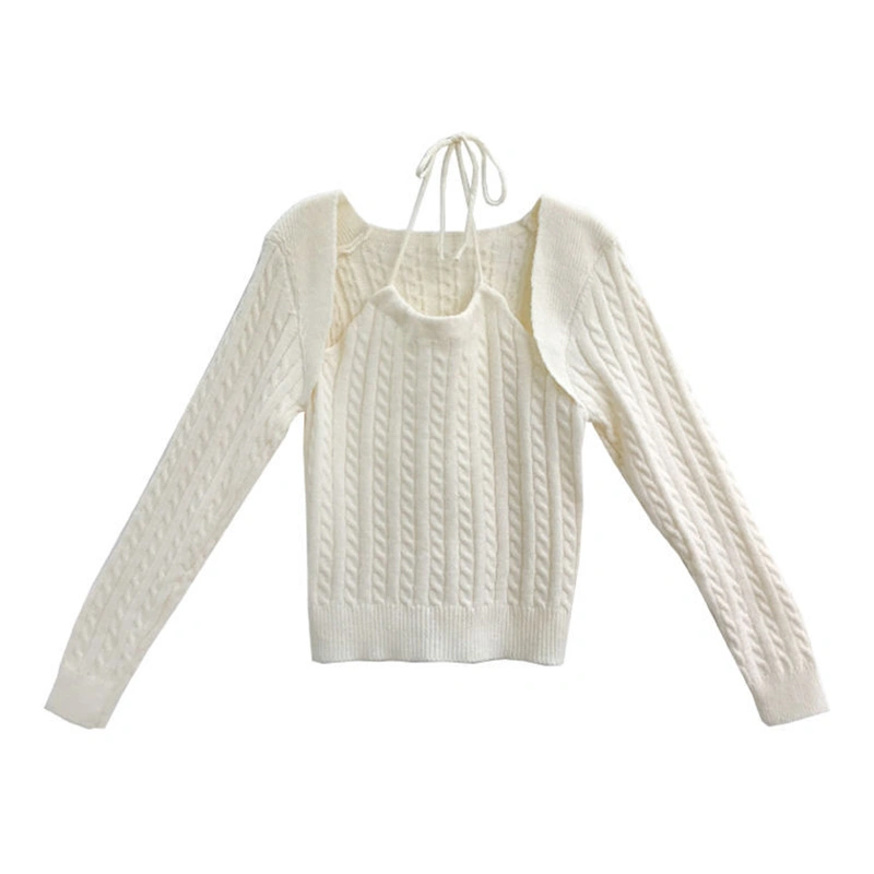 Women Knit Sweater Long Sleeve Tie-up Halter Tops Solid Pullover