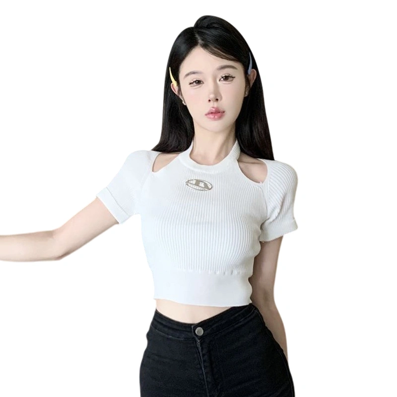 Women's Knit Halter Cropped Tops Short Sleeve Cutout Front T-Shirt