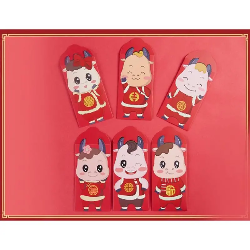 2021 Chinese Ox Year Hong Bao Lucky Money Pockets Coins Bag, 6 Pcs / Pack