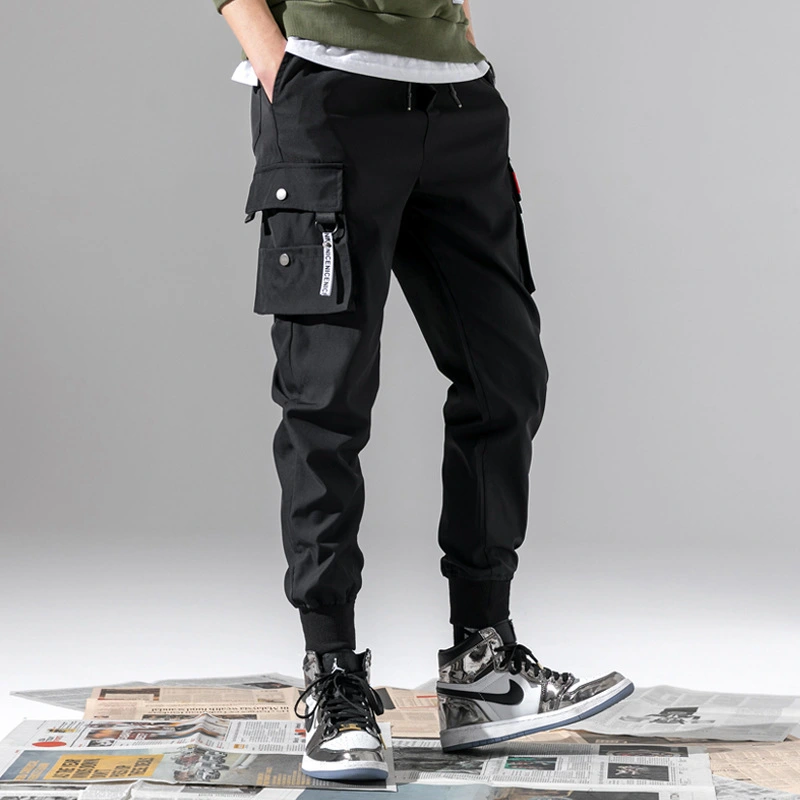 Men Casual Jogger Pants Drawstring Cargo Trousers with Side Pockets