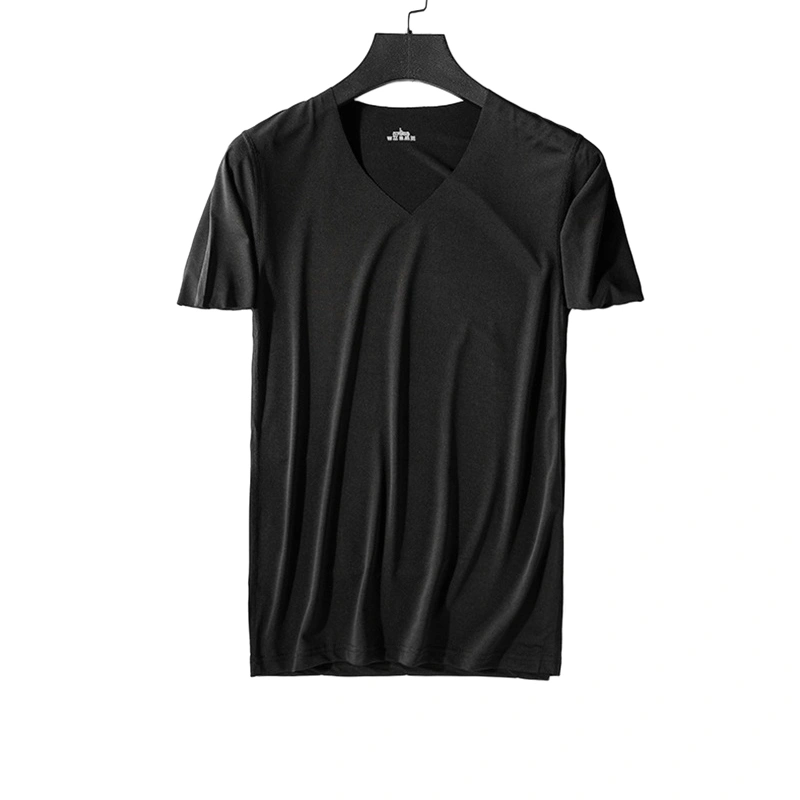 Men Seamless Ice Silk T-Shirt Solid Color V-Neck Short Sleeve Shirt