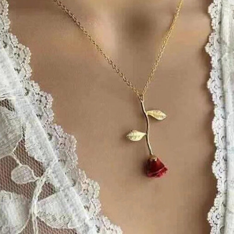 Women Romantic Rose Pendant Necklaces Red Flower Gold Clavicle Chain