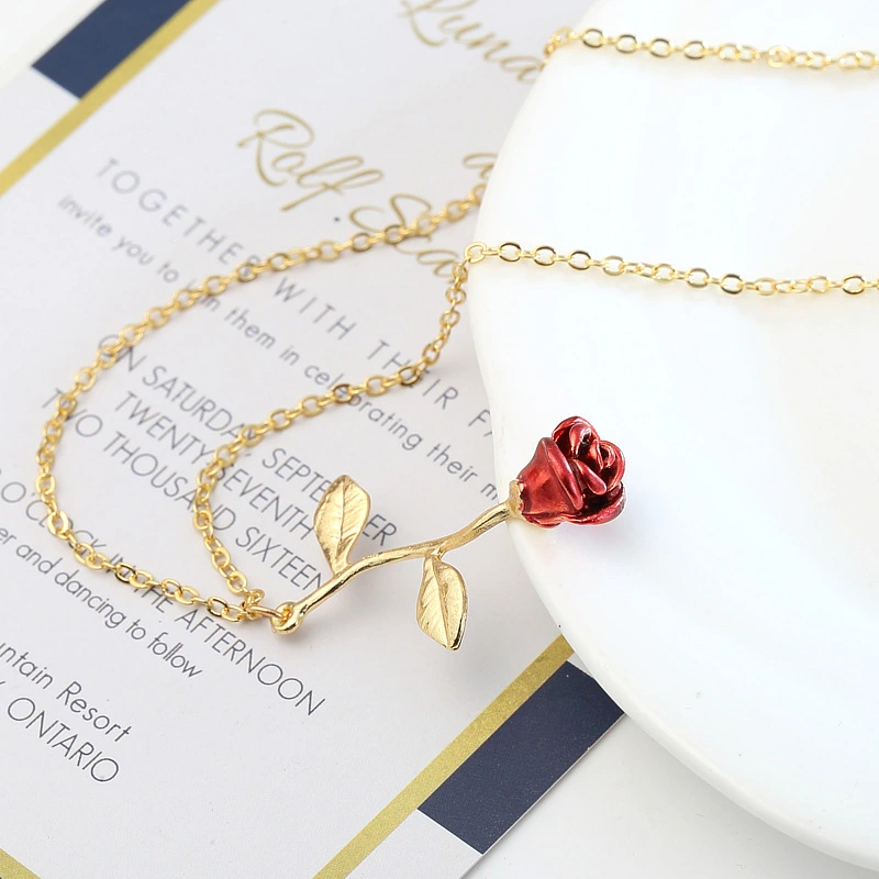 Women Romantic Rose Pendant Necklaces Red Flower Gold Clavicle Chain