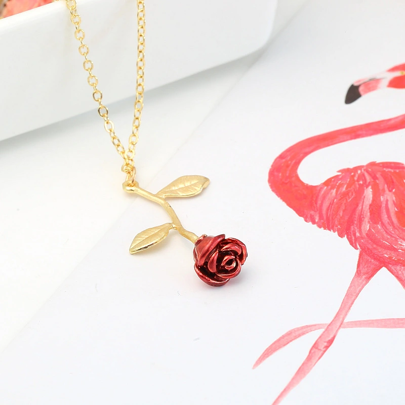 Women Romantic Rose Pendant Necklaces Red Flower Gold Clavicle Chain