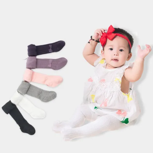 Toddler Girls Knit Cotton Tights Solid Color Lace Bowknot Ribbed Pantyhose