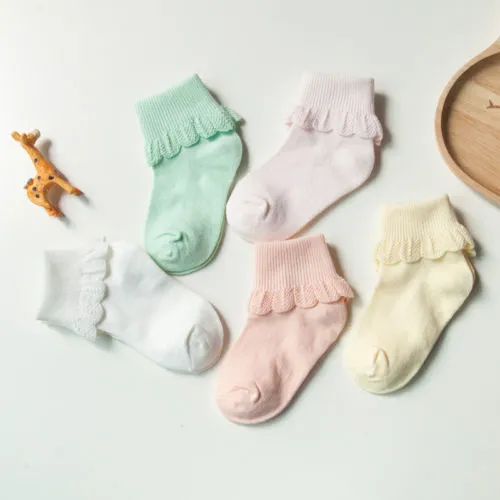 5 Pairs Baby Girl Cotton Socks Solid Color Lace Ruffles Anti-slip Short Socks