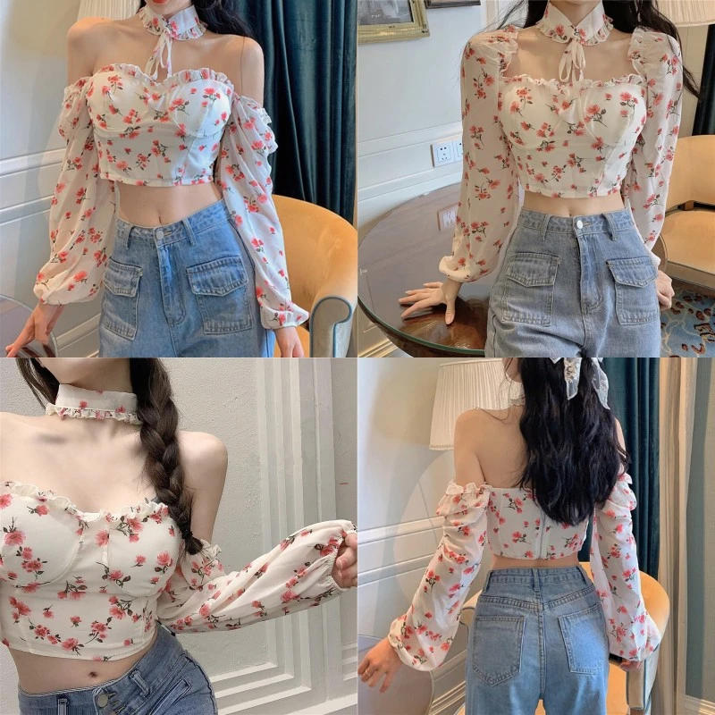 Women Off Shoulder Crop Tops Puff Sleeve Floral Print T-Shirt + Collar