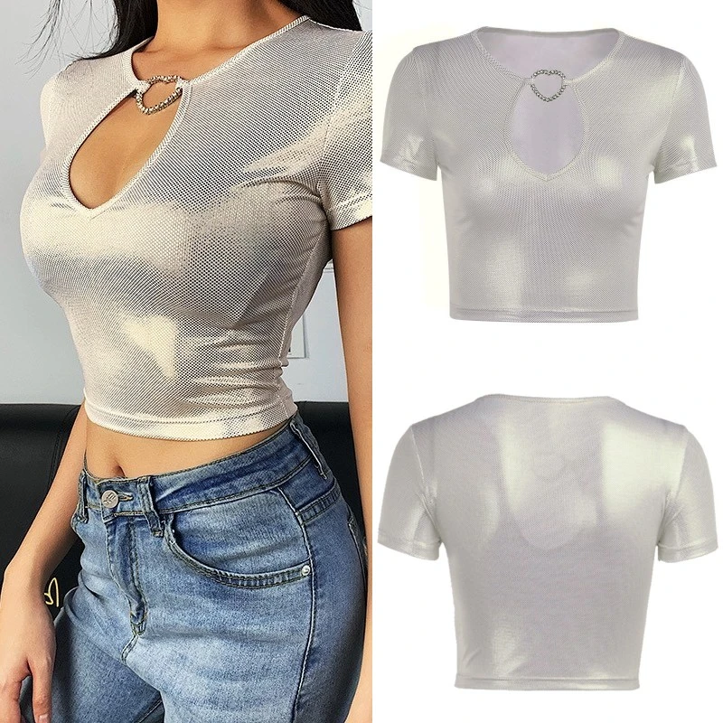 Women Cut Out Crop Tops Shiny Dots Print Short Sleeve Slim Fit T-Shirt